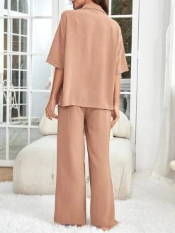 Women's Loungewear Sets 3 Pieces Pure Color Fashion Comfort Soft Home Daily Bed Polyester Breathable Lapel Long Sleeve Shirt Pant Button Pocket Fall Winter Lotus Pink -Deals The Sexy Bra Store iionft1696232021685