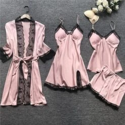 Women's Lace Satin Silk Pajamas Sets 4 Pcs Home Party Daily St.Patrick's Day Elastic Waist Pure Color Satin Simple Casual Soft Strap Top Shorts Fall Winter Spring Strap Short Sleeves Long Sleeve
