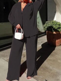 Women's Loungewear Sets Pure Color Fashion Comfort Soft Home Street Daily Acrylic Breathable Lapel Long Sleeve Shirt Pant Button Fall Winter Black Yellow -Deals The Sexy Bra Store ijsmeb1695196788965