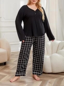 Women's Plus Size Loungewear Sets Grid / Plaid Fashion Comfort Soft Home Daily Bed Polyester Breathable V Wire Long Sleeve Pullover Pant Fall Winter 21047M-Black -Deals The Sexy Bra Store ijveam1693986217930