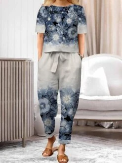 Women's Loungewear Sets 2 Pieces Abstract Flower Casual Comfort Home Street Daily Cotton Blend Breathable Stand Collar Half Sleeve Pullover Pant Pocket Belt Included Summer Spring Blue And White Black