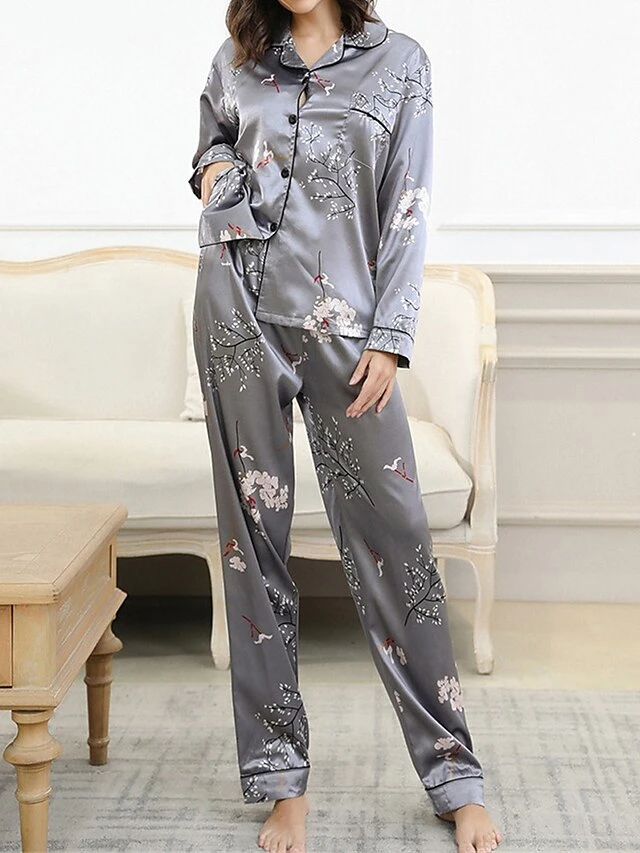 Women's Pajamas Sets Flower Fashion Comfort Soft Home Daily Bed Satin Breathable Lapel Long Sleeve Shirt Pant Button Pocket Fall Winter Black Gray 3 Women's Pajamas Sets Flower Fashion Comfort Soft Home Daily Bed Satin Breathable Lapel Long Sleeve Shirt Pant Button Pocket Fall Winter Black Gray - Image 3