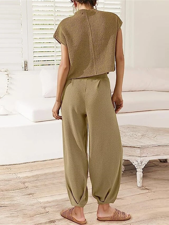 Women's Knit Lounge Sets Top And High Waisted Pants Pure Color Casual Comfort Soft Home Street Daily Polyester Breathable Stand Collar Short Sleeve Sweater Pant Pocket Summer Fall Black Brown 18 Women's Knit Lounge Sets Top And High Waisted Pants Pure Color Casual Comfort Soft Home Street Daily Polyester Breathable Stand Collar Short Sleeve Sweater Pant Pocket Summer Fall Black Brown - Image 18