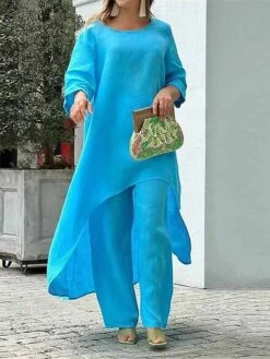 Women's Loungewear Sets Pure Color Fashion Simple Casual Street Date Airport Polyester Breathable Crew Neck Long Sleeve Pant Summer Spring White Yellow -Deals The Sexy Bra Store ildwey1679973747587