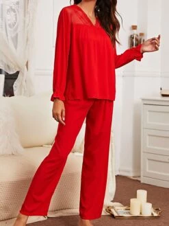 Women's Loungewear Sets Pure Color Simple Casual Comfort Home Daily Bed Polyester Breathable V Wire Long Sleeve Pullover Pant Fall Winter Red -Deals The Sexy Bra Store illncy1694742424405