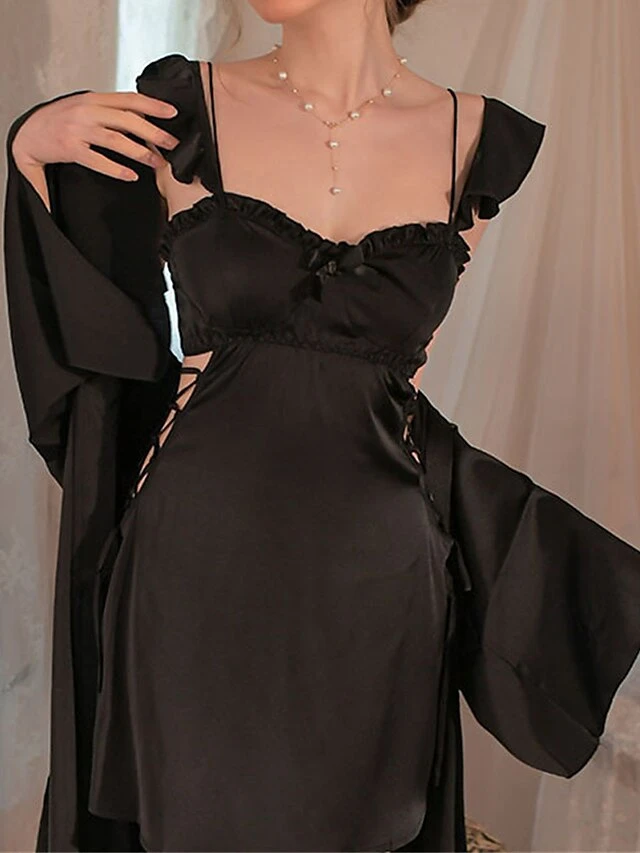Women's Satin Silk Bathrobe Nightgown Nightshirt Dress 2 Pieces Pure Color Casual Comfort Soft Home Bed Breathable V Wire Long Sleeve Hole Fall Winter Black White 12 Women's Satin Silk Bathrobe Nightgown Nightshirt Dress 2 Pieces Pure Color Casual Comfort Soft Home Bed Breathable V Wire Long Sleeve Hole Fall Winter Black White - Image 12