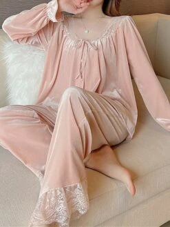 Women's Pajamas Sets Pure Color Casual Comfort Soft Home Bed Velvet Breathable Long Sleeve Shirt Pant Button Fall Winter Pink -Deals The Sexy Bra Store imghpe1697161958430