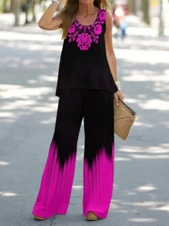 Women's Petite Loungewear Sets 2 Pieces Gradient Casual Comfort Street Daily Polyester Breathable Crew Neck Sleeveless Pant Summer Spring White Royal Blue -Deals The Sexy Bra Store ingphj1686903470449