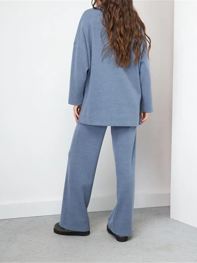 Women's Lounge Sets Turtle Neck Top And Wide Leg Pants Pure Color Fashion Casual Soft Home Daily Bed Polyester Breathable High Neck Long Sleeve Pant Fall Winter Black Blue 3 Women's Lounge Sets Turtle Neck Top And Wide Leg Pants Pure Color Fashion Casual Soft Home Daily Bed Polyester Breathable High Neck Long Sleeve Pant Fall Winter Black Blue - Image 3