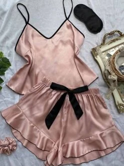 Women's Pajamas Pajama Top And Pant Sets Pure Color Simple Casual Soft Home Daily Bed Satin Breathable Straps Short Sleeve Strap Top Shorts Summer Spring Lotus Pink Black