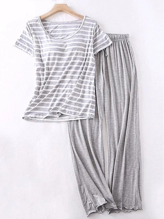 Women's 2 Piece Pajama Setswith Chest Pad Long Sleeve Stripe Shirt And Pants Crew Neck Spring Autumn Pink Blue 5 Women's 2 Piece Pajama Setswith Chest Pad Long Sleeve Stripe Shirt And Pants Crew Neck Spring Autumn Pink Blue - Image 5