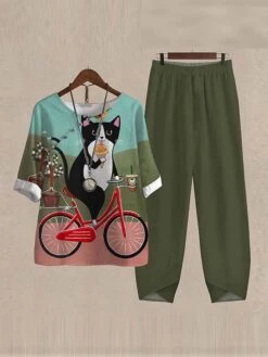 Women's 2 Piece Loungewear Sets Linen Breathable Crew Neck Half Sleeve T Shirt And Wide Leg Pants Animal Cat Print Fashion Casual Street Summer Spring Black Yellow S 6XL -Deals The Sexy Bra Store ipgwxq1679973792878