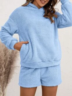 Women's Coral Fleece Lounge Sets Pure Color Casual Comfort Soft Street Daily Vacation Coral Velvet Breathable Hoodie Long Sleeve Shorts Elastic Waist Fall Winter Pink Navy Blue -Deals The Sexy Bra Store iphklb1689845883702