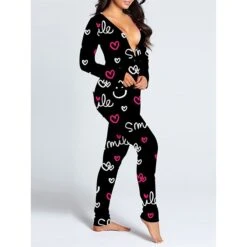 Women's Onesie Pajamas Lip Print Butterfly Casual Comfort Soft Home BedBreathable V Wire Long Sleeve Fall Winter Black White -Deals The Sexy Bra Store ipupaz1697074785903