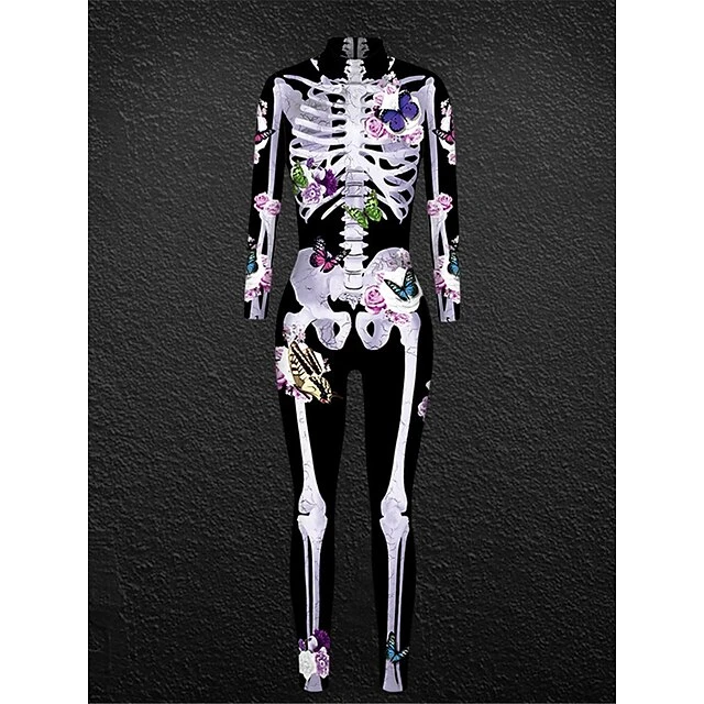 Women's Onesie Skeleton Retro Punk & Gothic Halloween Polyester Breathable Stand Collar Long Pant Fall Winter Black White 6 Women's Onesie Skeleton Retro Punk & Gothic Halloween Polyester Breathable Stand Collar Long Pant Fall Winter Black White - Image 6