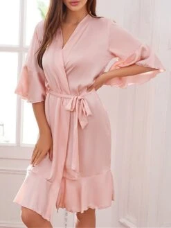Women's Pajamas Robe Bathrobe Silk Robe Pure Color Fashion Comfort Wedding Party Satin Breathable V Wire Half Sleeve Summer Fall Light Pink Light Blue -Deals The Sexy Bra Store ispiir1692779767746
