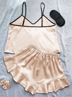 Women's Pajamas Pajama Top And Pant Sets Pure Color Simple Casual Soft Home Daily Bed Satin Breathable Straps Short Sleeve Strap Top Shorts Summer Spring Lotus Pink Black -Deals The Sexy Bra Store ithpcd1680597779701