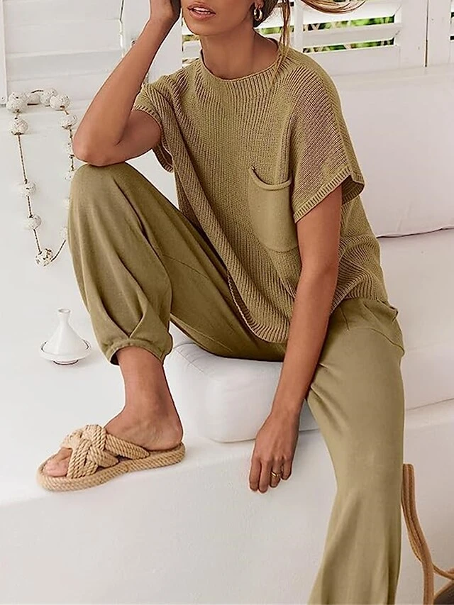 Women's Knit Lounge Sets Top And High Waisted Pants Pure Color Casual Comfort Soft Home Street Daily Polyester Breathable Stand Collar Short Sleeve Sweater Pant Pocket Summer Fall Black Brown 19 Women's Knit Lounge Sets Top And High Waisted Pants Pure Color Casual Comfort Soft Home Street Daily Polyester Breathable Stand Collar Short Sleeve Sweater Pant Pocket Summer Fall Black Brown - Image 19