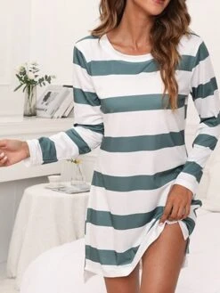 Women's Loungewear Nightgown Nightshirt Dress Stripe Basic Casual Comfort Home Daily Vacation Cotton Breathable Crew Neck Long Sleeve Summer Spring Black Green