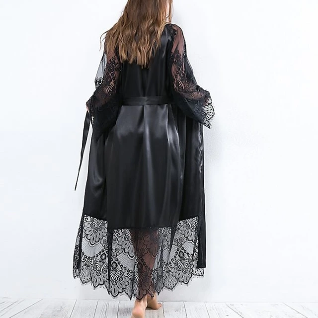 Women's Bathrobe Robes Gown Nighty Silk Kimono 1 PCS Pure Color Simple Casual Comfort Party Home Wedding Party Satin Gift V Neck Long Sleeve Lace Belt Included Summer Spring Black White 8 Women's Bathrobe Robes Gown Nighty Silk Kimono 1 PCS Pure Color Simple Casual Comfort Party Home Wedding Party Satin Gift V Neck Long Sleeve Lace Belt Included Summer Spring Black White - Image 8