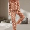 Women's Flannel Pajamas Sets Top And Pant Sets Dot Fashion Casual Soft Home Daily Bed Flannel Warm Breathable Crew Neck Long Sleeve Pant Fall Winter Brown