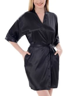 Women's Satin Silk Robe Bathrobe Robes Gown Pure Color Fashion Casual Comfort Home Daily Bed Satin Breathable V Wire Half Sleeve Summer Fall Black White -Deals The Sexy Bra Store iwgdrd1689581309484