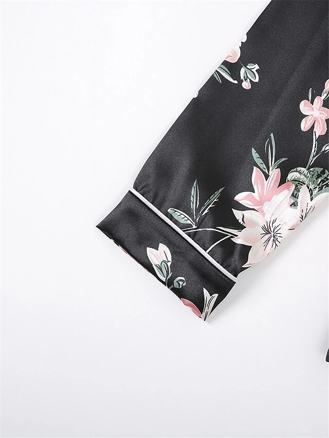 Women's Pajamas Sets Flower Fashion Comfort Soft Home Daily Bed Satin Breathable Lapel Long Sleeve Shirt Pant Button Pocket Fall Winter Black Gray 11 Women's Pajamas Sets Flower Fashion Comfort Soft Home Daily Bed Satin Breathable Lapel Long Sleeve Shirt Pant Button Pocket Fall Winter Black Gray - Image 11