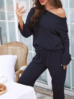 Women's Pajamas Pajama Top And Pant Sets Pure Color Fashion Casual Soft Home Daily Bed Polyester Breathable Crew Neck Long Sleeve T Shirt Tee Shorts Elastic Waist Summer Fall Navy Blue Blue -Deals The Sexy Bra Store ixczfn1689326438600