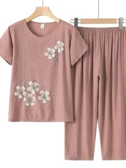 Women's 2 Piece Loungewear Sets Polyester Breathable Crew Neck Short Sleeve T-shirt And Wide Leg Elastic Waist Pants Flower Print Fashion Casual Comfort Street Daily Date Summer Spring Pink Blue 4XL -Deals The Sexy Bra Store iyexlv1681882214120