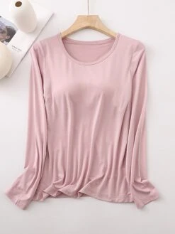 Women's Pajamas Top Pure Color Simple Casual Soft Home Daily Bed Cotton Breathable Crew Neck Long Sleeve Chest Pads Fall Winter Sauce Purple Champagne Powder -Deals The Sexy Bra Store izegbg1693467412592
