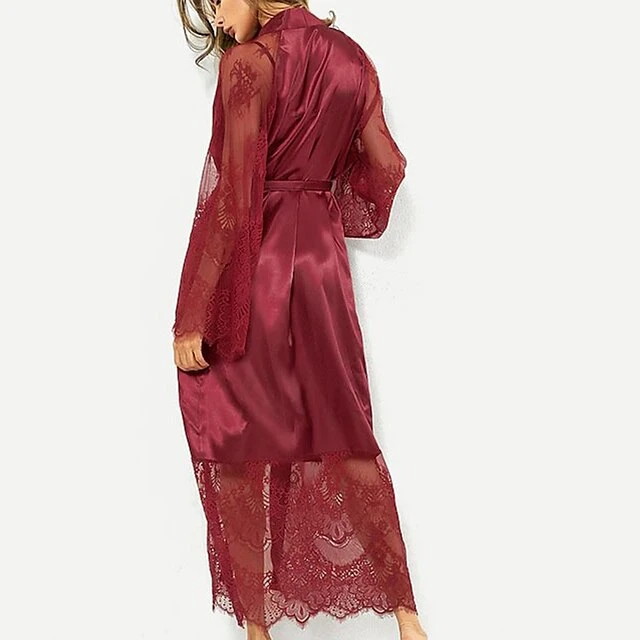 Women's Bathrobe Robes Gown Nighty Silk Kimono 1 PCS Pure Color Simple Casual Comfort Party Home Wedding Party Satin Gift V Neck Long Sleeve Lace Belt Included Summer Spring Black White 4 Women's Bathrobe Robes Gown Nighty Silk Kimono 1 PCS Pure Color Simple Casual Comfort Party Home Wedding Party Satin Gift V Neck Long Sleeve Lace Belt Included Summer Spring Black White - Image 4