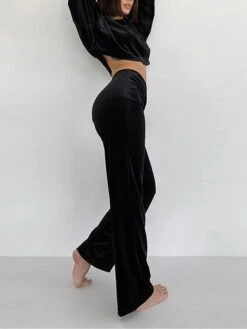 Women's Loungewear Sets Pure Color Warm Comfort Soft Home Daily Bed Velvet Warm Breathable Lapel Long Sleeve Crop Top Pant Fall Winter Black -Deals The Sexy Bra Store jbznxd1693206709796