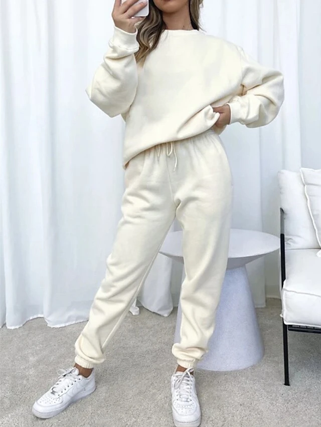 Women's Lounge Sets Sweatsuits Tracksuits Pure Color Fashion Casual Comfort Daily Going Out Polyester Breathable Crew Neck Long Sleeve Pant Elastic Waist Fall Winter Black White 3 Women's Lounge Sets Sweatsuits Tracksuits Pure Color Fashion Casual Comfort Daily Going Out Polyester Breathable Crew Neck Long Sleeve Pant Elastic Waist Fall Winter Black White - Image 3