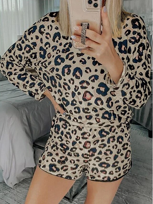 Women's Leopard Print Lounge Sets Fashion Casual Soft Home Daily Bed Polyester Breathable Crew Neck Long Sleeve T Shirt Tee Shorts Pocket Elastic Waist Summer Fall Pink Brown 5 Women's Leopard Print Lounge Sets Fashion Casual Soft Home Daily Bed Polyester Breathable Crew Neck Long Sleeve T Shirt Tee Shorts Pocket Elastic Waist Summer Fall Pink Brown - Image 5