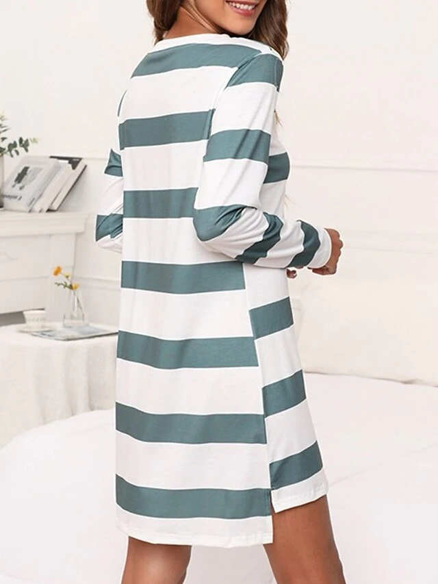 Women's Loungewear Nightgown Nightshirt Dress Stripe Basic Casual Comfort Home Daily Vacation Cotton Breathable Crew Neck Long Sleeve Summer Spring Black Green 2 Women's Loungewear Nightgown Nightshirt Dress Stripe Basic Casual Comfort Home Daily Vacation Cotton Breathable Crew Neck Long Sleeve Summer Spring Black Green - Image 2
