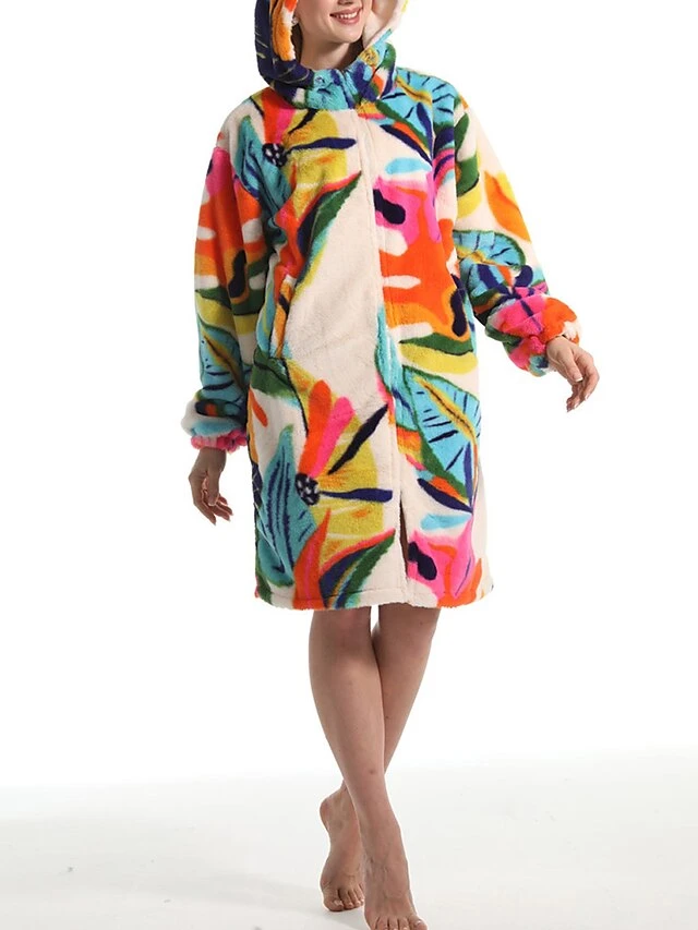 Women's Robe Leaves Plush Casual Comfort Home Daily Bed Flannel Warm Breathable Hoodie Long Sleeve Pocket Fall Winter Beige 7 Women's Robe Leaves Plush Casual Comfort Home Daily Bed Flannel Warm Breathable Hoodie Long Sleeve Pocket Fall Winter Beige - Image 7