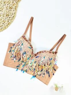 Women's Rhinestone Corset Bustier Feather Undergarments Home Daily Bed Polyester Breathable Straps Sleeveless Backless Summer Spring Black White -Deals The Sexy Bra Store jednkr1696315697564