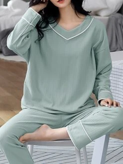 Women's Pajamas Sets Nighty Pjs 2 Pieces Pure Color Fashion Simple Comfort Home Daily Bed Cotton Breathable Gift V Wire Long Sleeve Pant Elastic Waist Fall Spring Green Blue