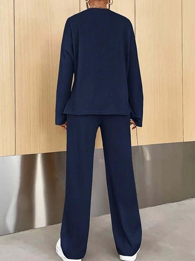 Women's Loungewear Sets Pure Color Fashion Comfort Soft Home Daily Bed Polyester Breathable Crew Neck Long Sleeve Pullover Pant Button Fall Winter Blue-Green White 8 Women's Loungewear Sets Pure Color Fashion Comfort Soft Home Daily Bed Polyester Breathable Crew Neck Long Sleeve Pullover Pant Button Fall Winter Blue-Green White - Image 8