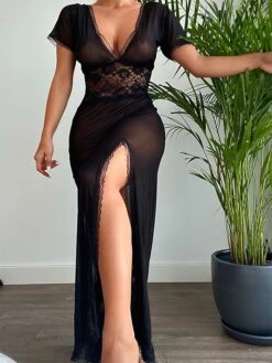 Women's Sexy Bodies Chemises & Negligees Patchwork Pure Color Hot See Through Soft Bed Valentine's Day Spandex Plunging Neck Short Sleeve Backless Transparent Summer Black / Lace / Super Sexy