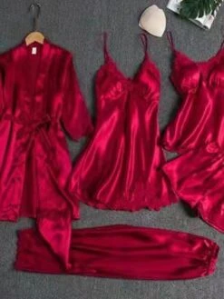 Women's Satin Silk Sexy Lingerie Sets 5 Pieces Heart Stripe Casual Comfort Soft Home Daily Bed Satin Breathable V Wire Long Sleeve Pant Pocket Elastic Waist Summer Spring Black Pink -Deals The Sexy Bra Store jhjuhi1680599069419