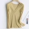 Women's Delong Thermal Shirt Top Pure Color Warm Simple Casual Home Daily Going Out Nylon Warm V Wire Long Sleeve Fall Winter Black Camel