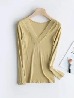 Women's Delong Thermal Shirt Top Pure Color Warm Simple Casual Home Daily Going Out Nylon Warm V Wire Long Sleeve Fall Winter Black Camel