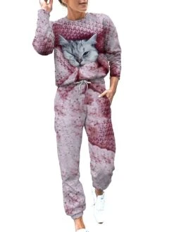 Women's Sweatsuit Tracksuits Sets Cat Dog Fashion Sport Simple Home Daily Polyester Long Sleeve Fall Winter Royal Blue Purple -Deals The Sexy Bra Store jlrthg1692861955970