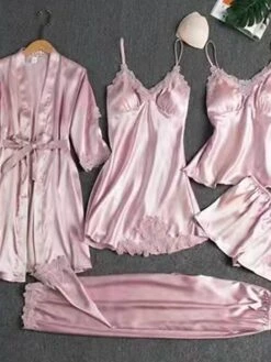 Women's Satin Silk Sexy Lingerie Sets 5 Pieces Heart Stripe Casual Comfort Soft Home Daily Bed Satin Breathable V Wire Long Sleeve Pant Pocket Elastic Waist Summer Spring Black Pink -Deals The Sexy Bra Store jpgqbz1680599073188