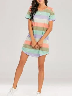 Women's Pajamas Nightgown Dress Rainbow Stripe Fashion Casual Soft Home Daily Bed Cotton Blend Breathable Crew Neck Short Sleeve Backless Summer Spring Blue Light Blue -Deals The Sexy Bra Store jplcei1679451339942