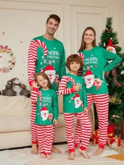 Matching Family Christmas Pajamas Sets Letter Santa Claus Basic Casual Comfort Home Christmas Cotton Breathable Gift Crew Neck Long Sleeve T Shirt Tee Pant Fall Winter Green