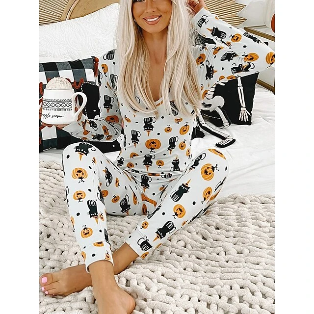 Women's Pajamas Jumpsuit Cat Ghost Retro Gothic Punk & Gothic Halloween Carnival Polyester Breathable V Wire Long Sleeve Fall Winter Black White 16 Women's Pajamas Jumpsuit Cat Ghost Retro Gothic Punk & Gothic Halloween Carnival Polyester Breathable V Wire Long Sleeve Fall Winter Black White - Image 16