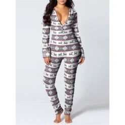 Women's Onesie Pajama For Adult Elk Snowflake Casual Comfort Soft Xmas Home Christmas DailyBreathable V Wire Long Sleeve Hole Fall Winter White Red -Deals The Sexy Bra Store jqwnmb1694164380617