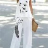 Women's Loungewear Sets Polyester Breathable Crew Neck Tank Top And Wide Leg Pants Animal Print Fashion Casual Street Vacation Going OutSummer Spring Black White